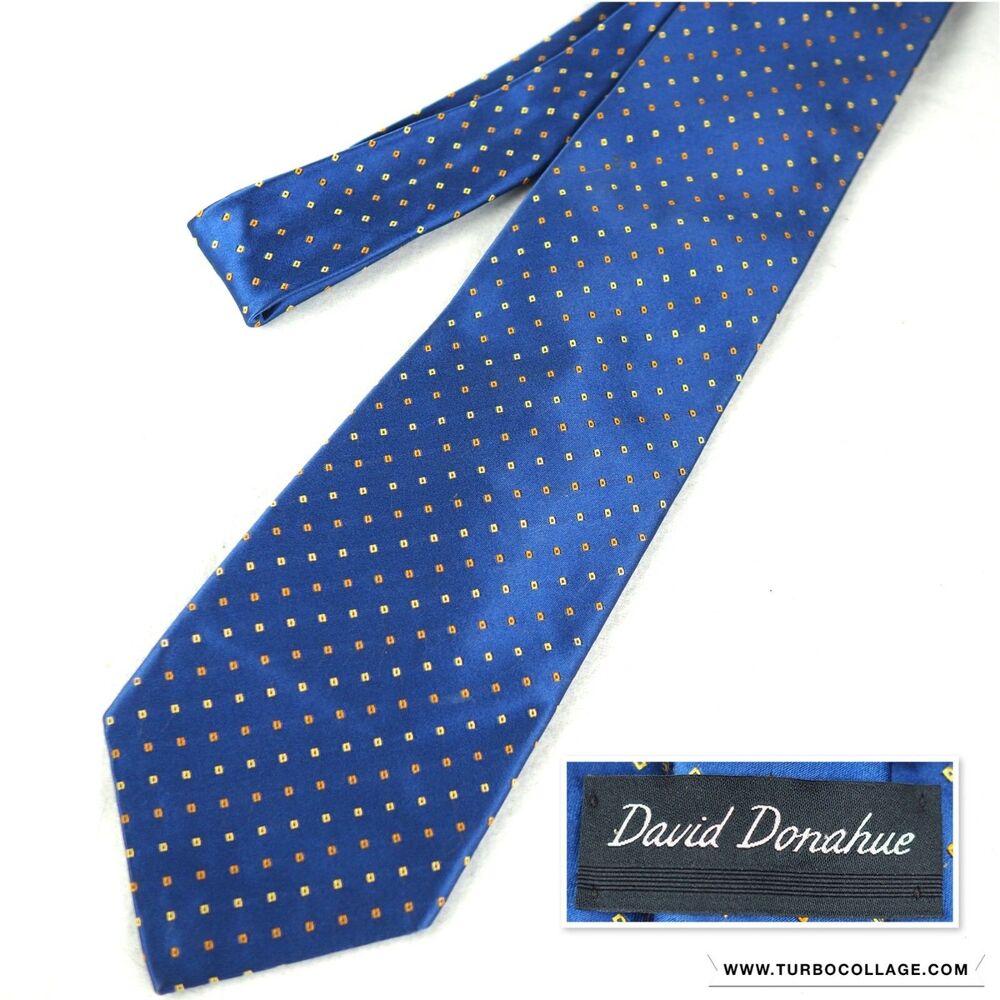 David Donahue Silk Cotton Necktie Blue Orange Geometric Tie Handmade in USA READ